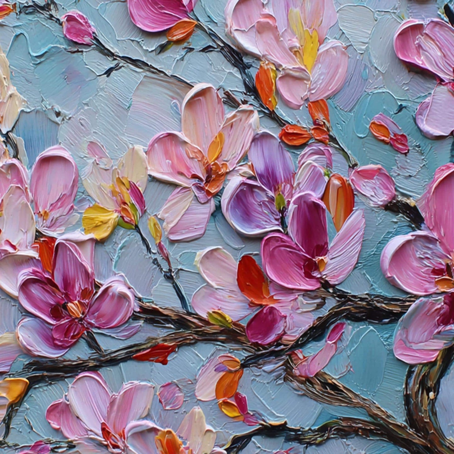 Textured Magnolia Oil Painting, Abstract Pink Floral Wall Art
