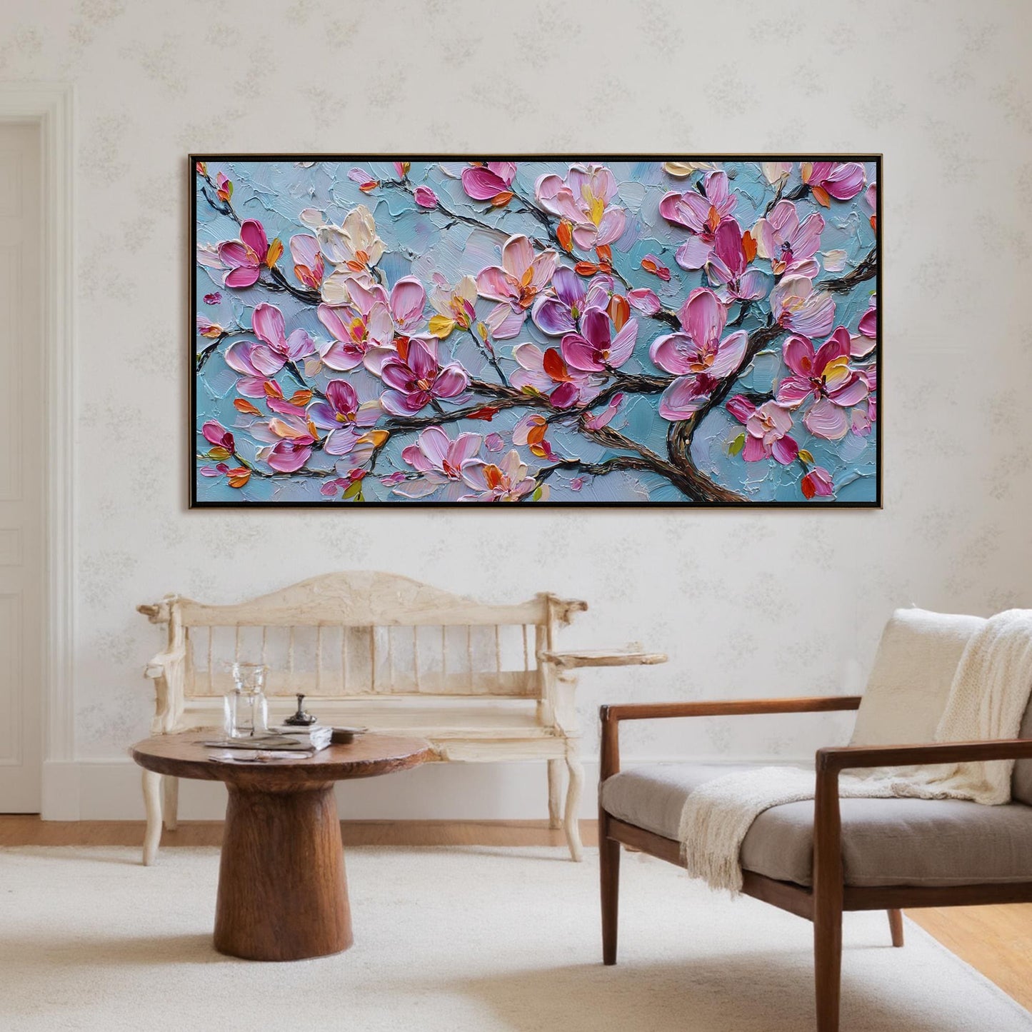 Textured Magnolia Oil Painting, Abstract Pink Floral Wall Art
