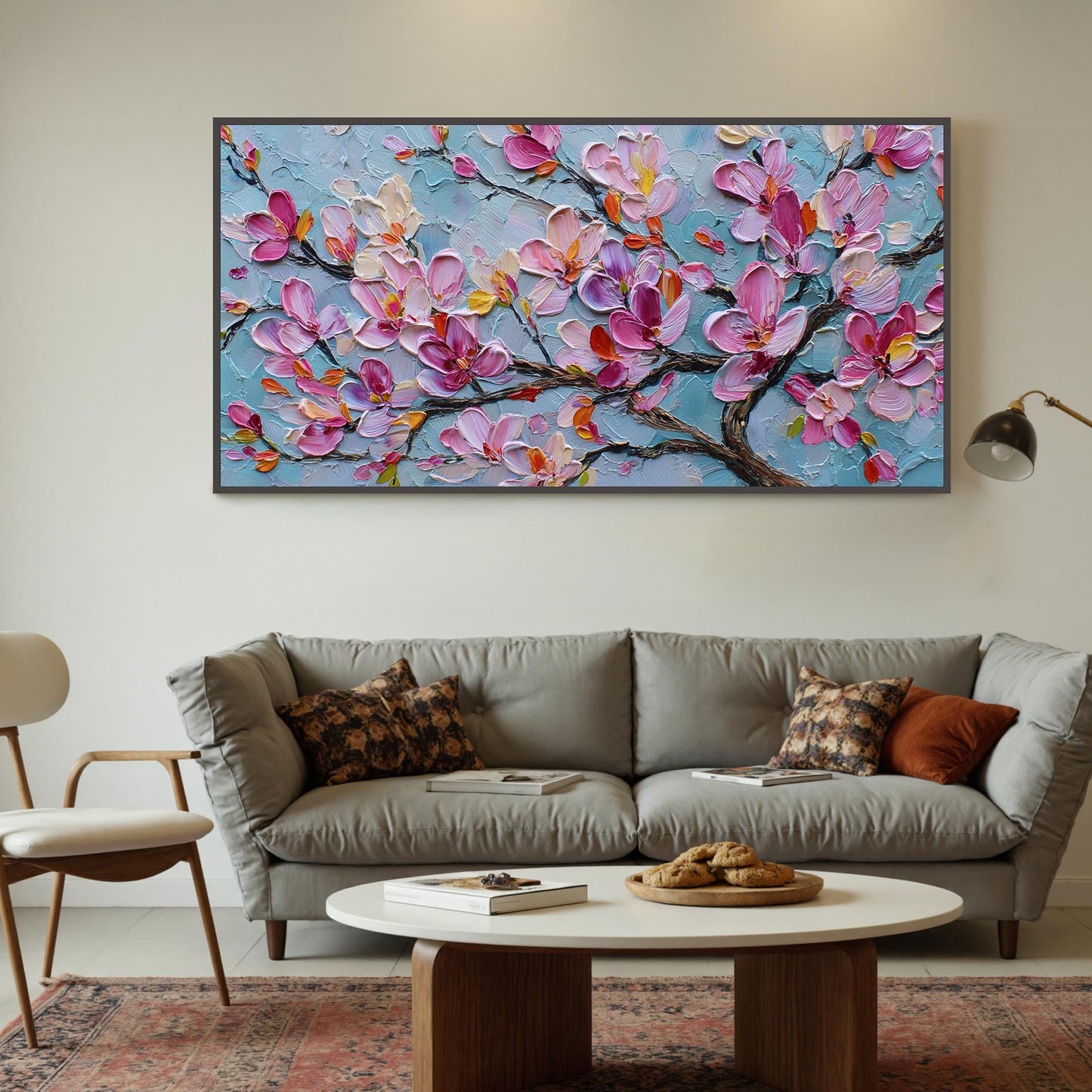 Textured Magnolia Oil Painting, Abstract Pink Floral Wall Art