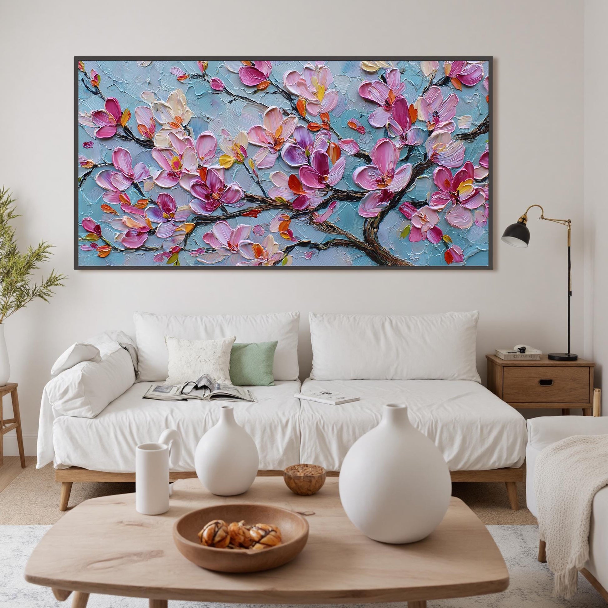 Textured Magnolia Oil Painting, Abstract Pink Floral Wall Art – Yellow and Pink Magnolia Floral Wall Art | Abstract Textured 