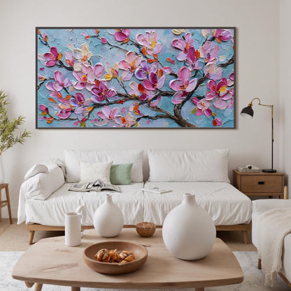 Textured Magnolia Oil Painting, Abstract Pink Floral Wall Art – Yellow and Pink Magnolia Floral Wall Art | Abstract Textured 