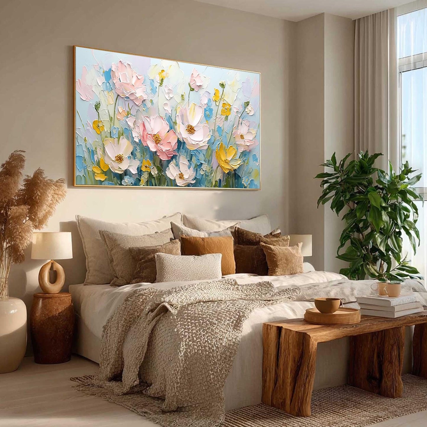Textured Floral Oil Painting, Soft Blue Blossoms Canvas Wall Art – Blue Floral Wall Art | Abstract Textured Oil Painting, vie