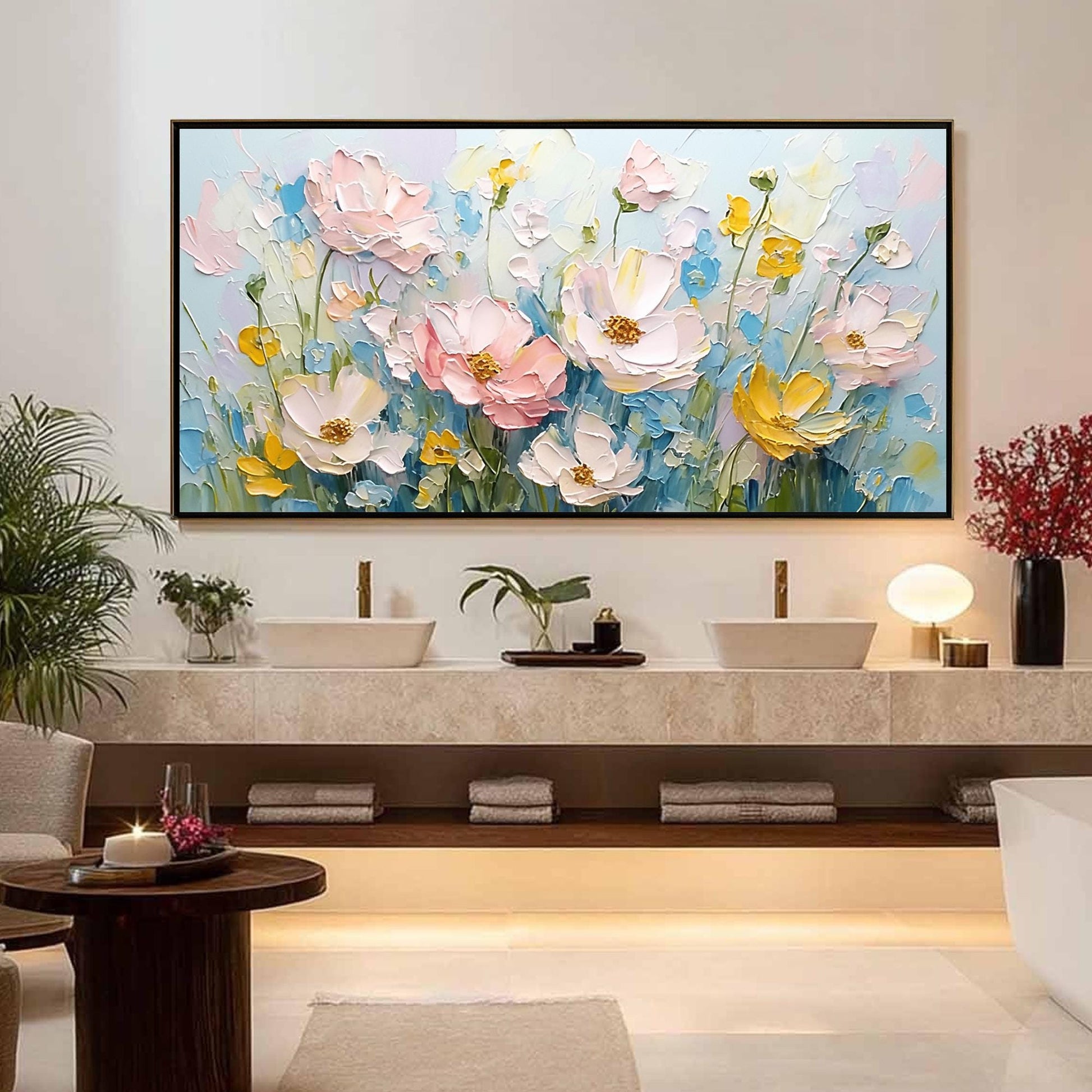 Textured Floral Oil Painting, Soft Blue Blossoms Canvas Wall Art – Blue Floral Wall Art | Abstract Textured Oil Painting, vie