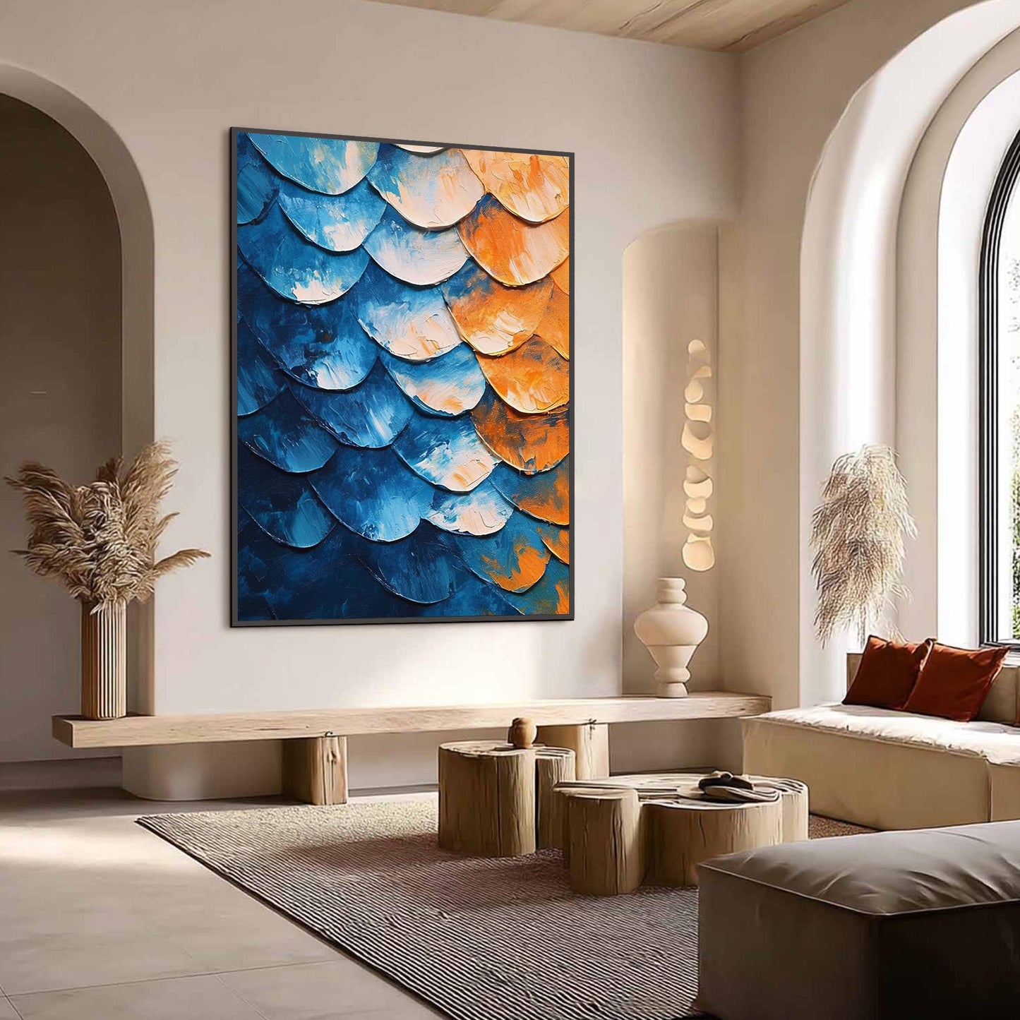 Textured Abstract Oil Painting, Blue Orange Scaled Canvas Art, Contemporary Living Room Decor – Blue and Orange Abstract Wall