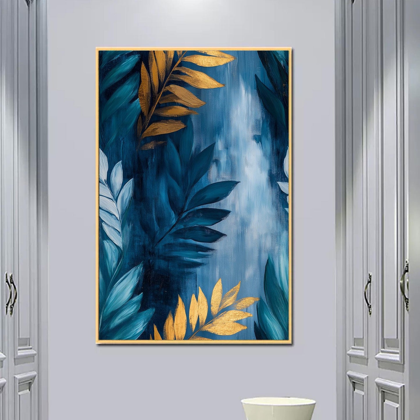 Gold and Teal Leaf – Teal and Gold Botanical Leaf Wall Art | Abstract Oil Painting, view 5