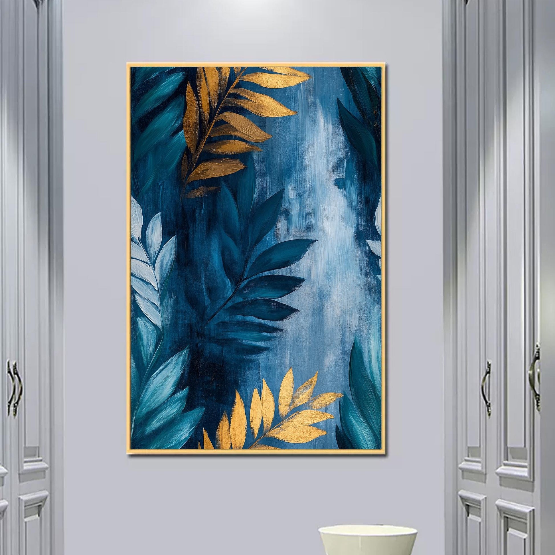 Gold and Teal Leaf – Teal and Gold Botanical Leaf Wall Art | Abstract Oil Painting, view 5