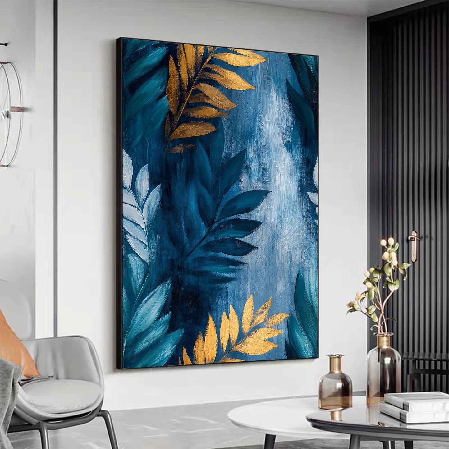 Teal and Gold Abstract Botanical Leaf Wall Art – Gold and Teal Leaf Oil Painting