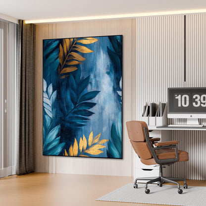 Teal and Gold Abstract Botanical Leaf Wall Art – Gold and Teal Leaf Oil Painting