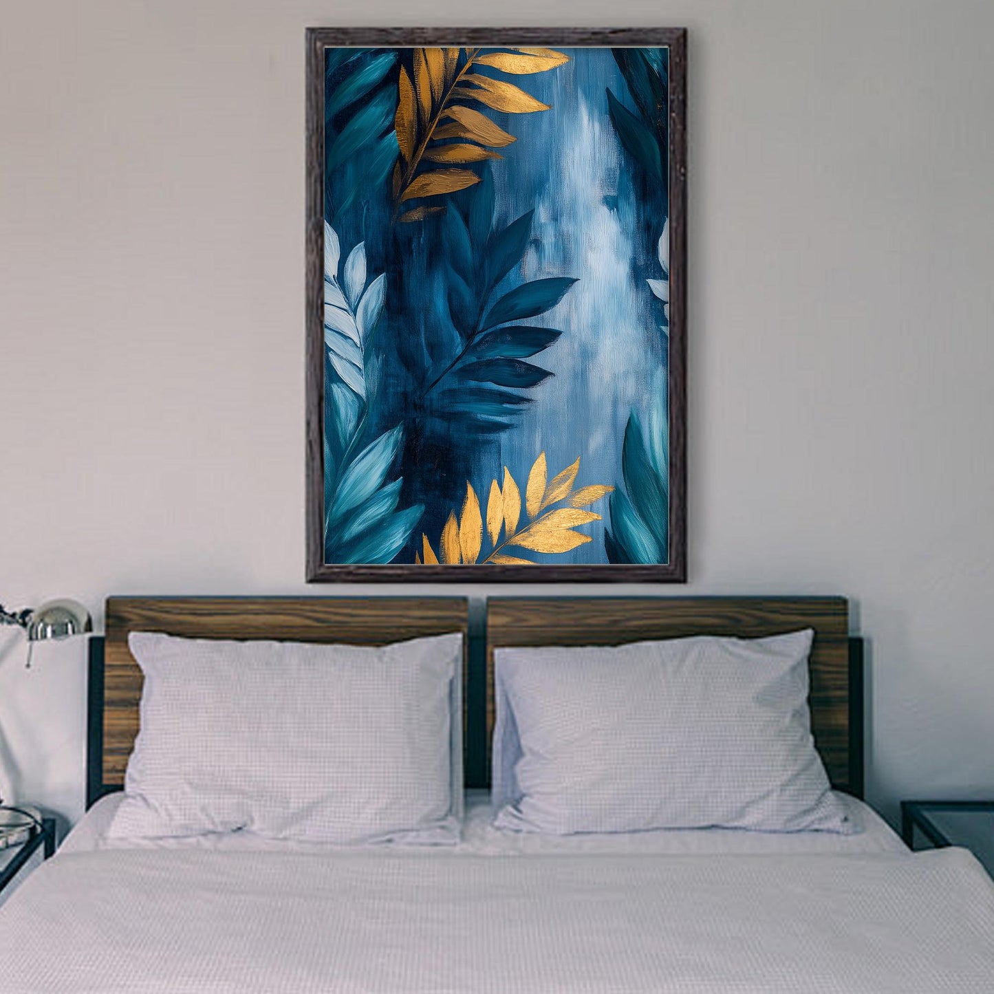 Gold and Teal Leaf – Teal and Gold Botanical Leaf Wall Art | Abstract Oil Painting, view 2