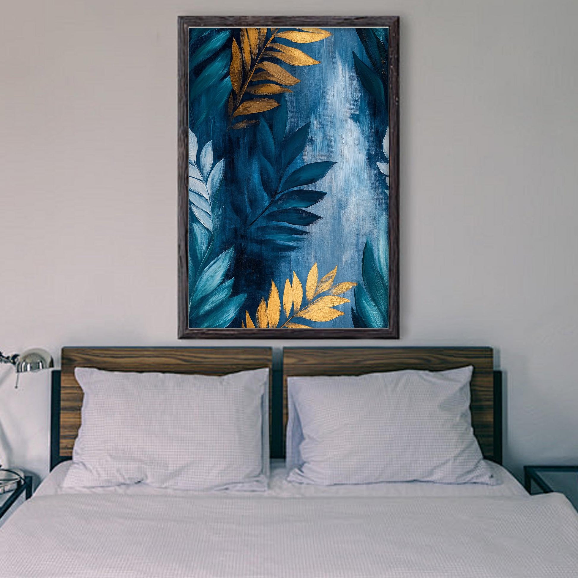 Gold and Teal Leaf – Teal and Gold Botanical Leaf Wall Art | Abstract Oil Painting, view 2