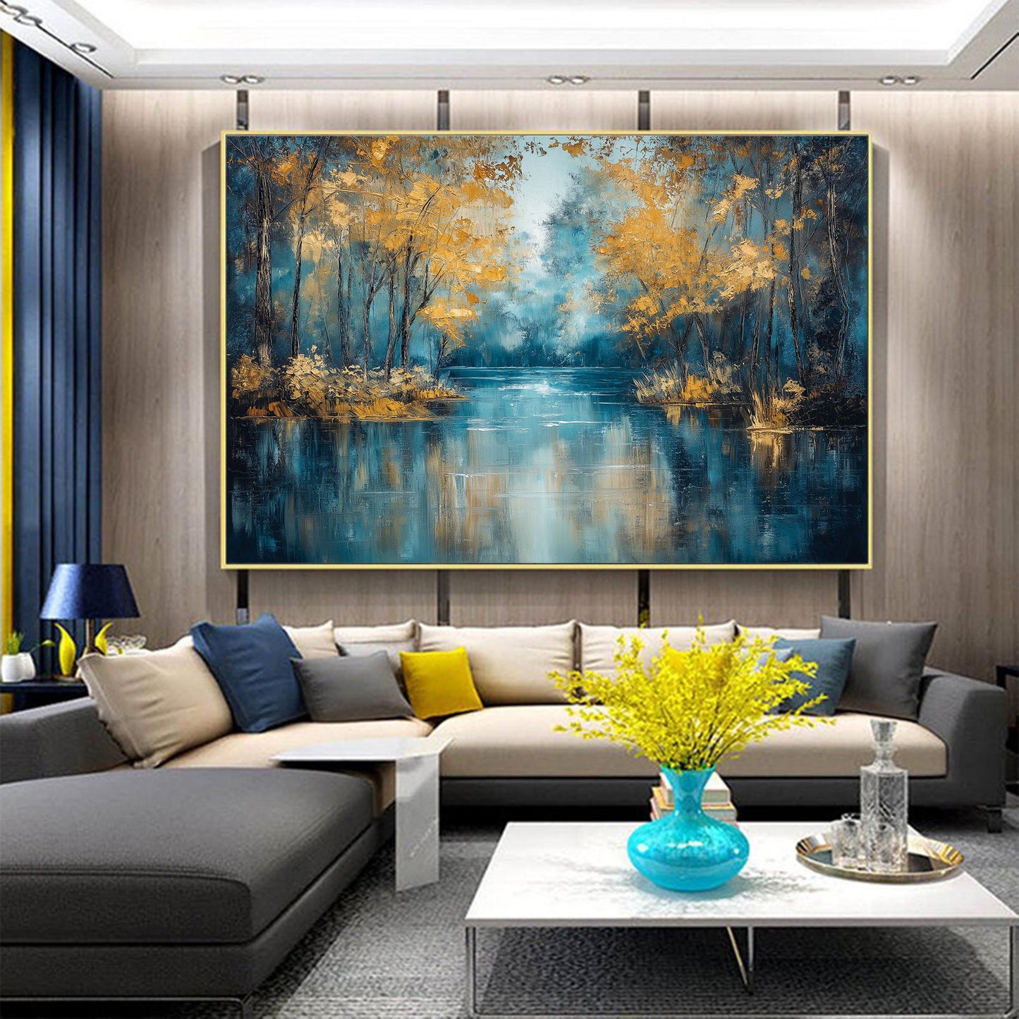 Gold Textured Lake Landscape Wall Art – Autumn Forest Reflection Oil Painting