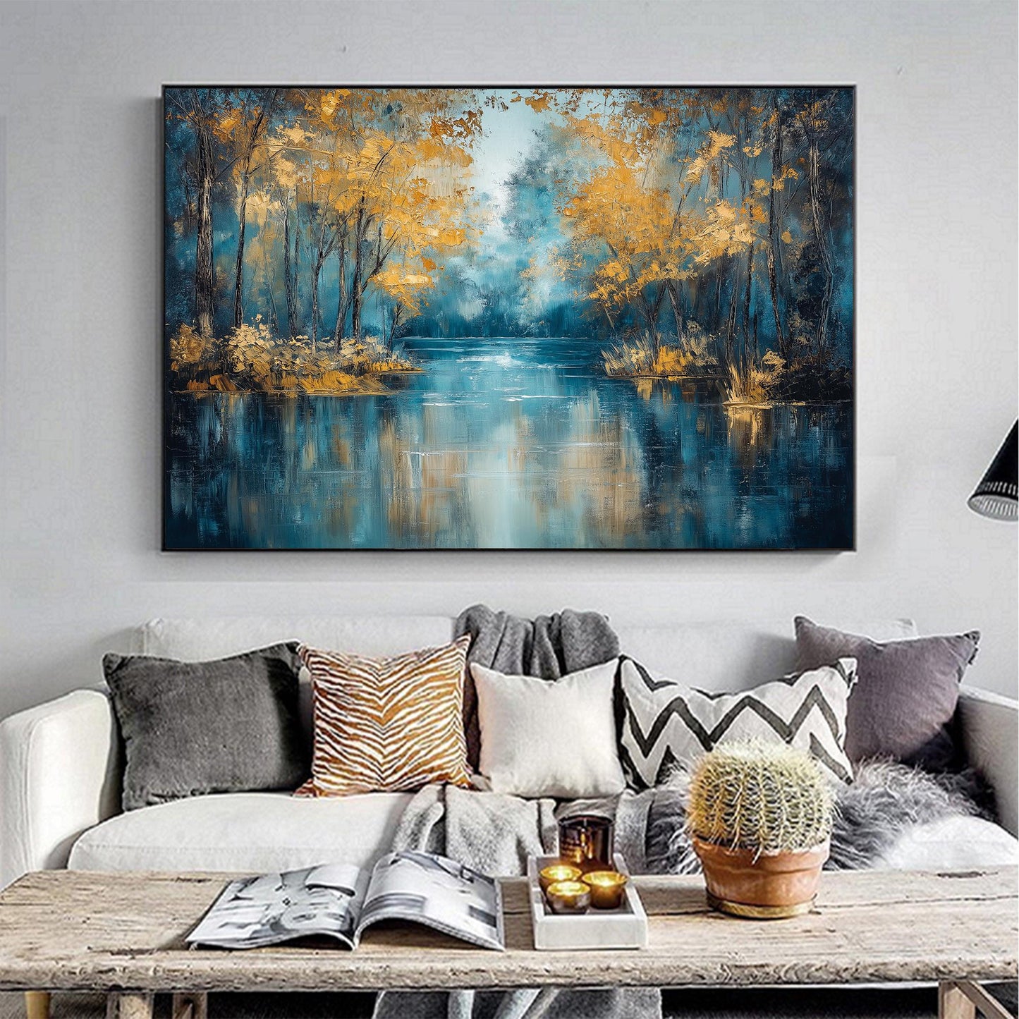 Gold Textured Lake Landscape Wall Art – Autumn Forest Reflection Oil Painting