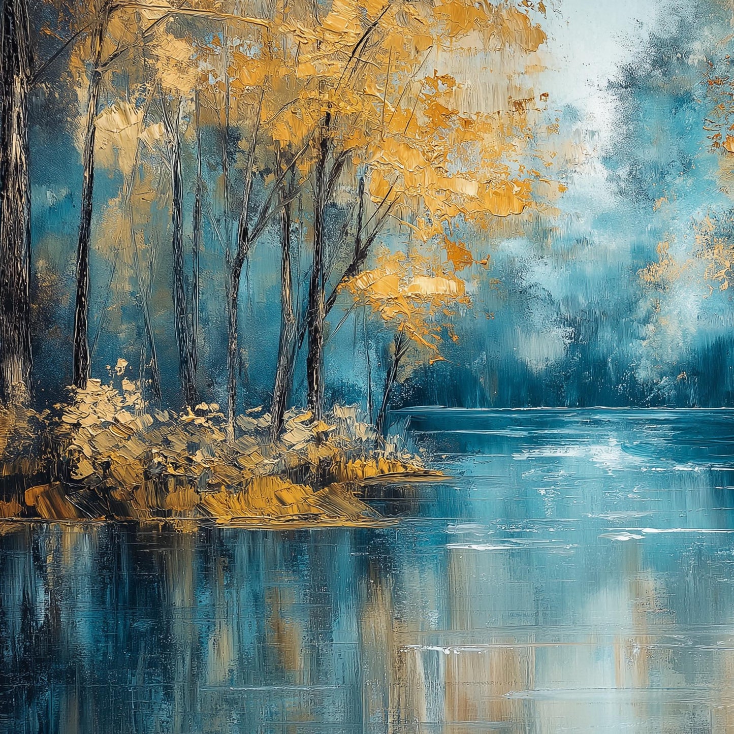 Gold Textured Lake Landscape Wall Art – Autumn Forest Reflection Oil Painting