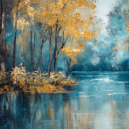 Gold Textured Lake Landscape Wall Art – Autumn Forest Reflection Oil Painting