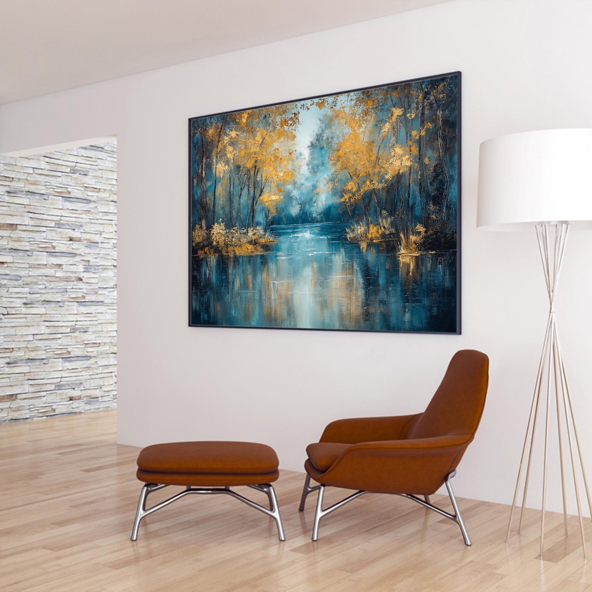 Textured Golden Autumn Lake Oil Painting, Forest Reflection Art – Gold Lake Landscape Wall Art | Textured Oil Painting, view 
