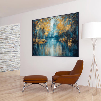 Textured Golden Autumn Lake Oil Painting, Forest Reflection Art – Gold Lake Landscape Wall Art | Textured Oil Painting, view 