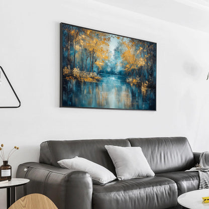 Textured Golden Autumn Lake Oil Painting, Forest Reflection Art – Gold Lake Landscape Wall Art | Textured Oil Painting, view 