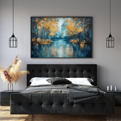 Textured Golden Autumn Lake Oil Painting, Forest Reflection Art – Gold Lake Landscape Wall Art | Textured Oil Painting, view 