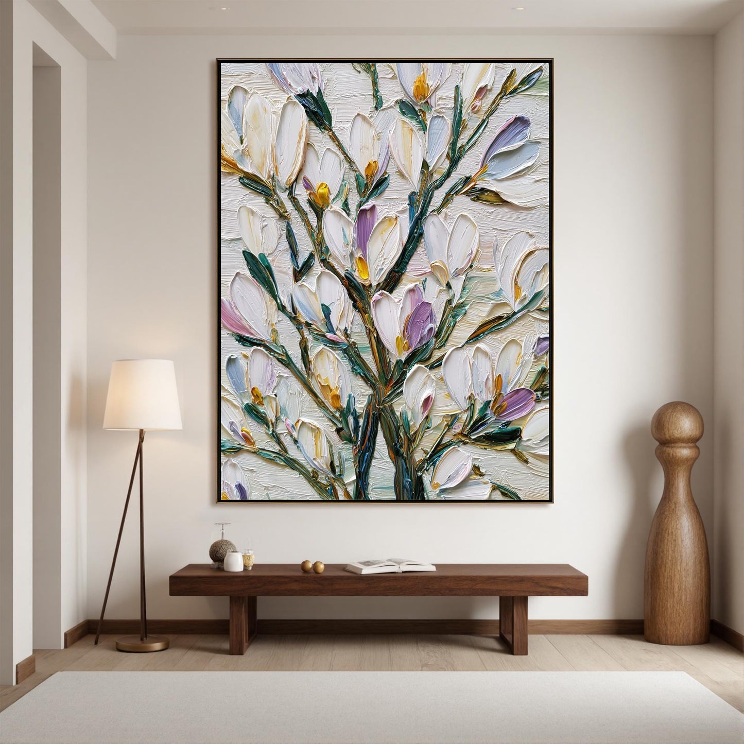 Textured Floral Oil Painting, White Magnolia, Botanical Art – Green and Pink Magnolia Floral Wall Art | Impasto Hand-Painted 