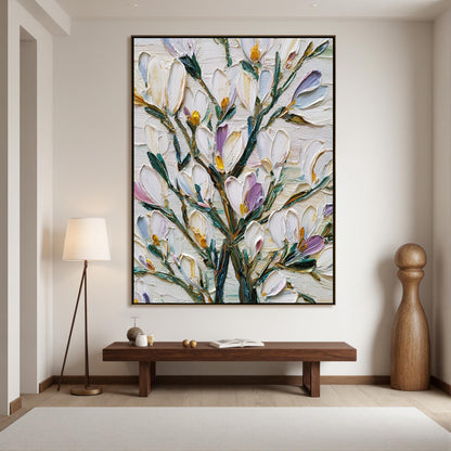 Textured Floral Oil Painting, White Magnolia, Botanical Art – Green and Pink Magnolia Floral Wall Art | Impasto Hand-Painted 