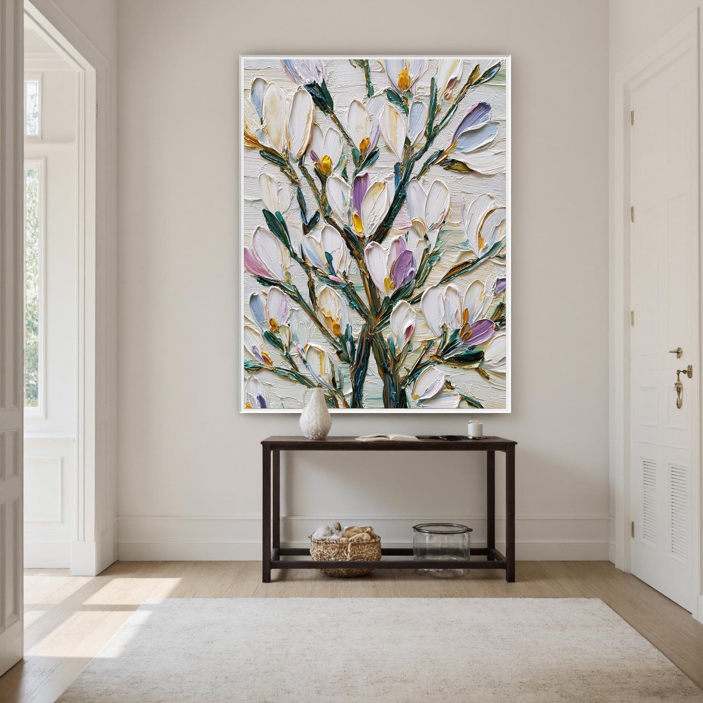 Green and Pink Impasto Magnolia Floral Wall Art – Textured Floral Oil Painting