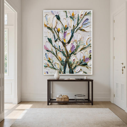 Green and Pink Impasto Magnolia Floral Wall Art – Textured Floral Oil Painting