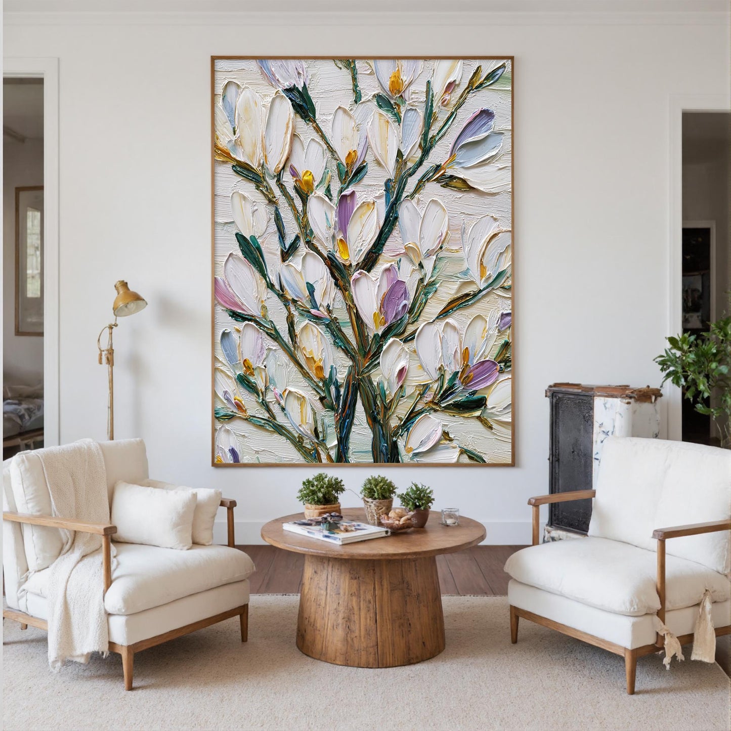 Green and Pink Impasto Magnolia Floral Wall Art – Textured Floral Oil Painting