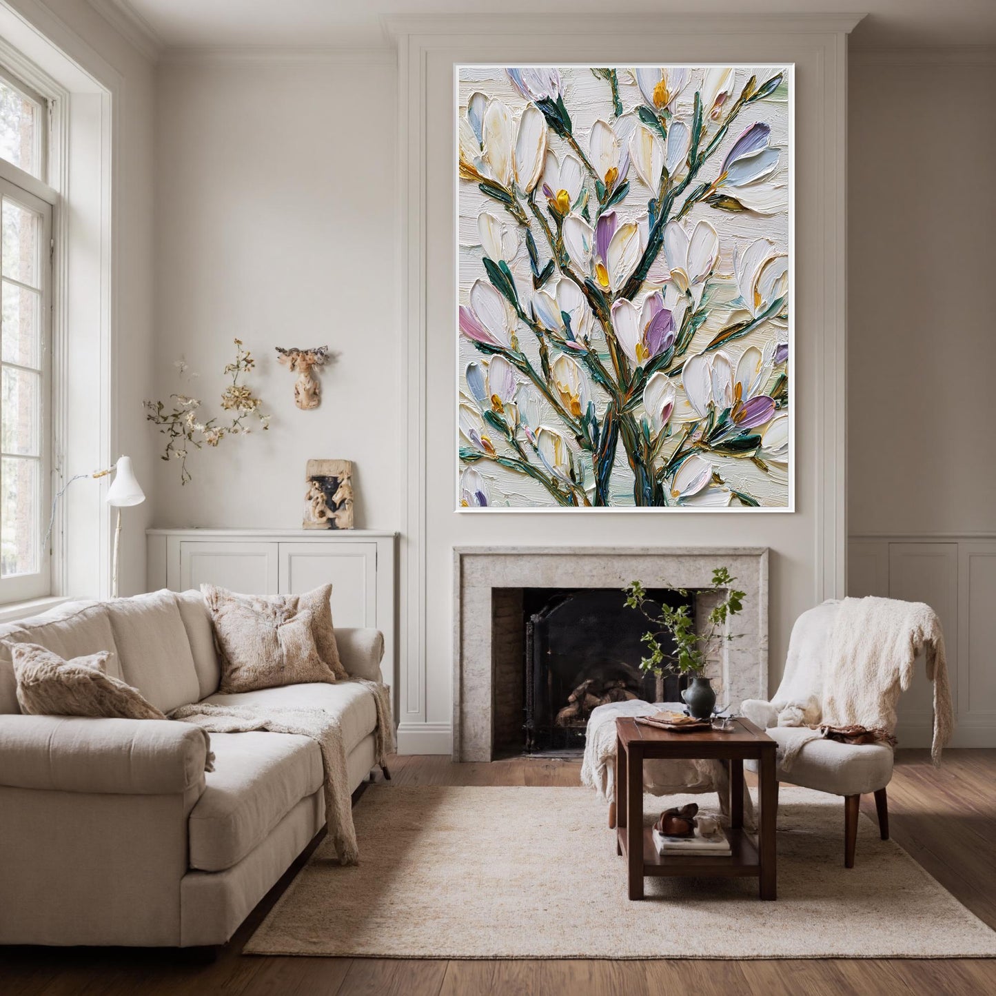 Green and Pink Impasto Magnolia Floral Wall Art – Textured Floral Oil Painting