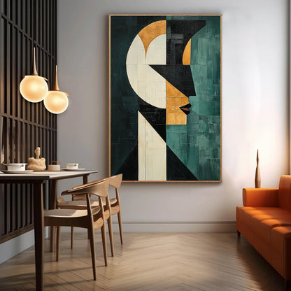 Teal and Gold Abstract Face Figure Portrait Wall Art – Geometric Oil Painting