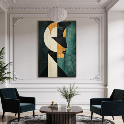 Teal and Gold Abstract Face Figure Portrait Wall Art – Geometric Oil Painting