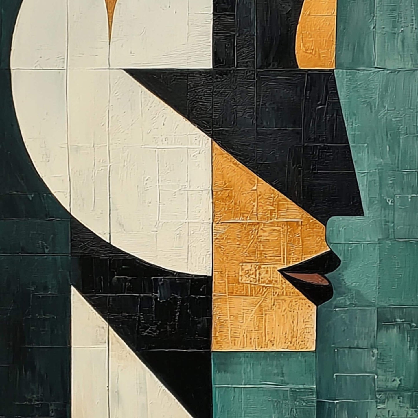 Teal and Gold Abstract Face Figure Portrait Wall Art – Geometric Oil Painting