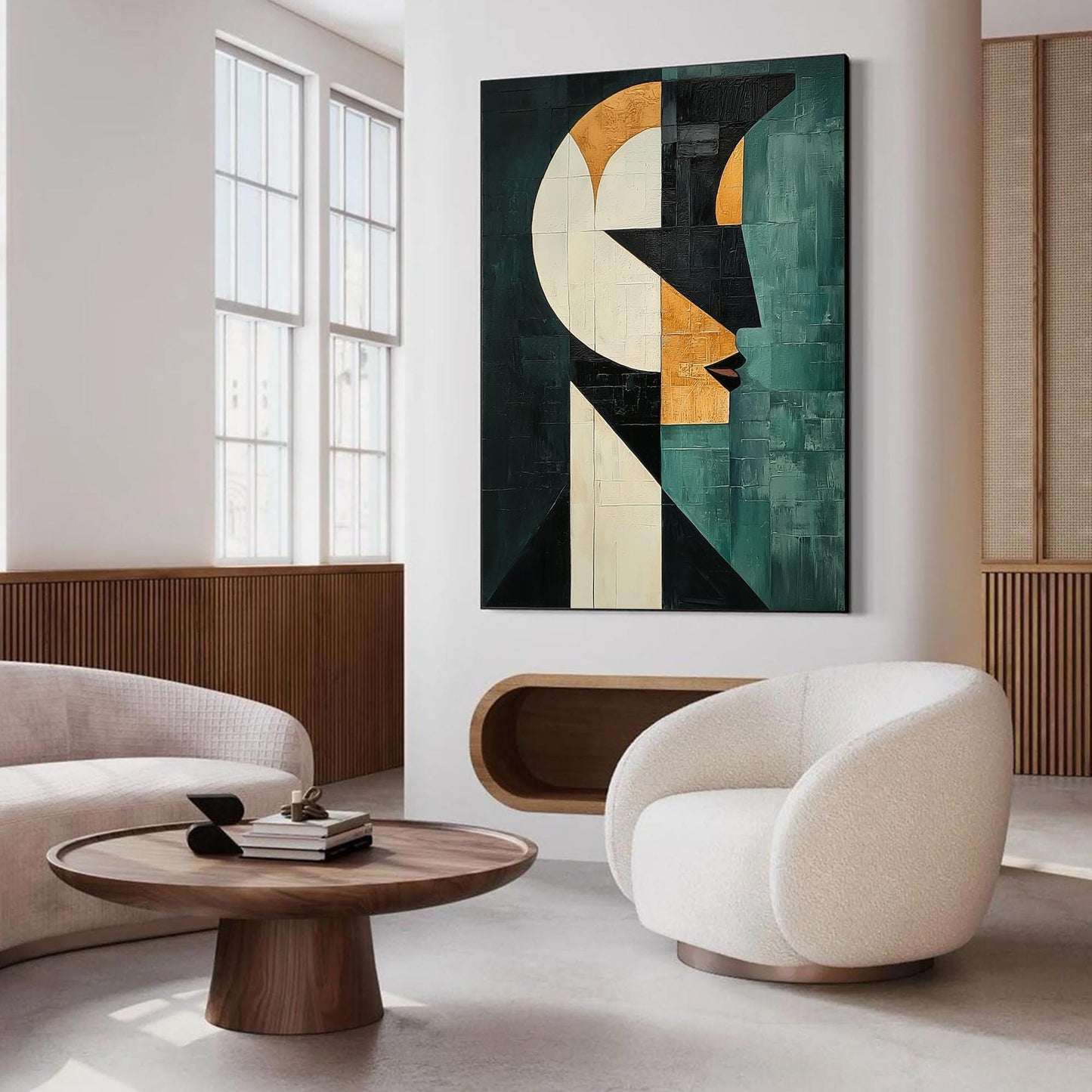 Geometric – Teal and Gold Face Figure Portrait Wall Art | Abstract Oil Painting, view 3