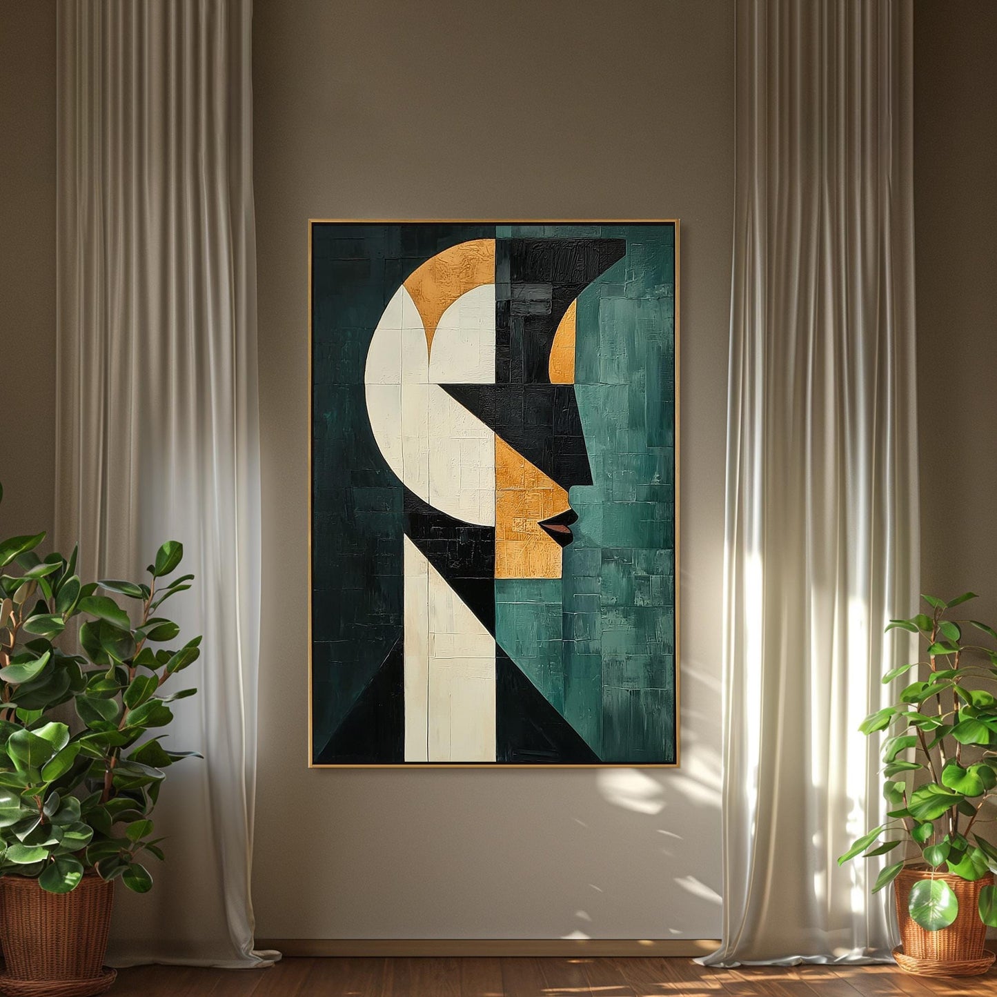 Geometric – Teal and Gold Face Figure Portrait Wall Art | Abstract Oil Painting, view 1