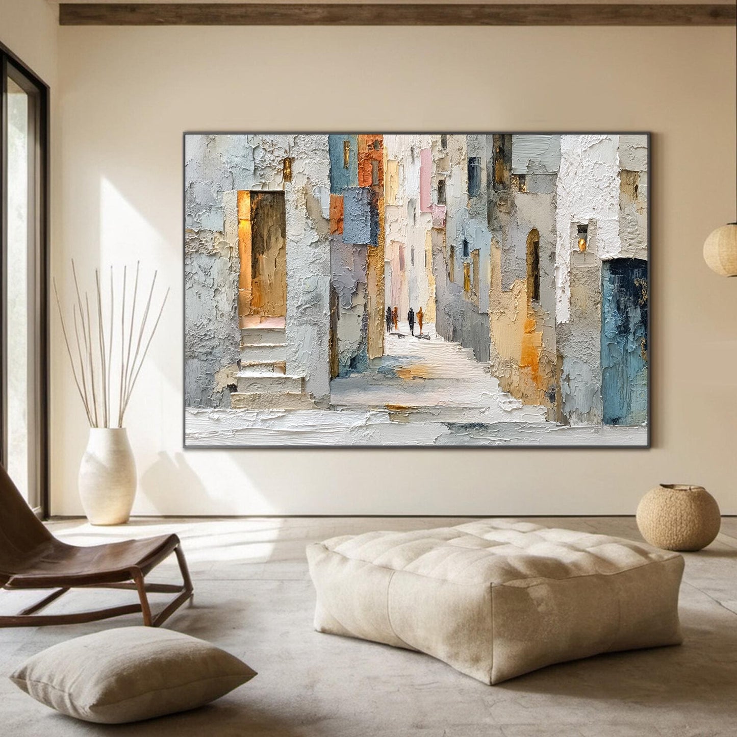 Blue and Orange Abstract Impasto City Architecture Wall Art – Textured Cityscape Painting