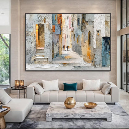 Blue and Orange Abstract Impasto City Architecture Wall Art – Textured Cityscape Painting