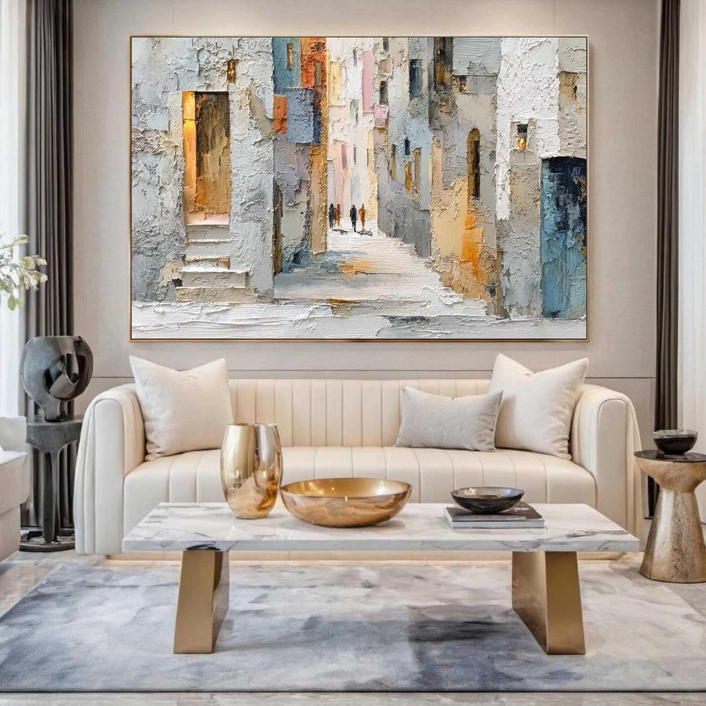 Blue and Orange Abstract Impasto City Architecture Wall Art – Textured Cityscape Painting