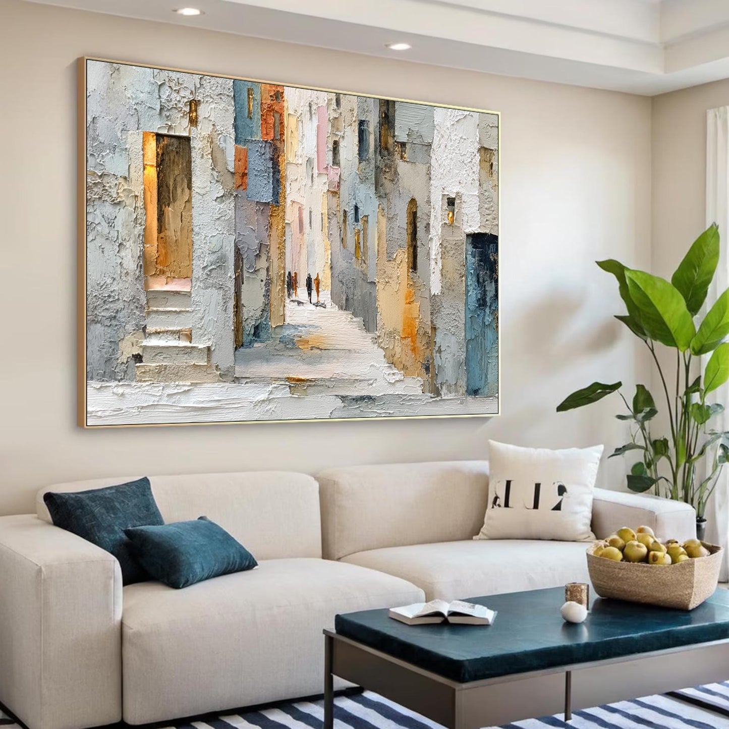 Textured Cityscape Painting, Beige Palette Knife Impasto Canvas, European Alleyway Art – Blue and Orange Cityscape City Archi