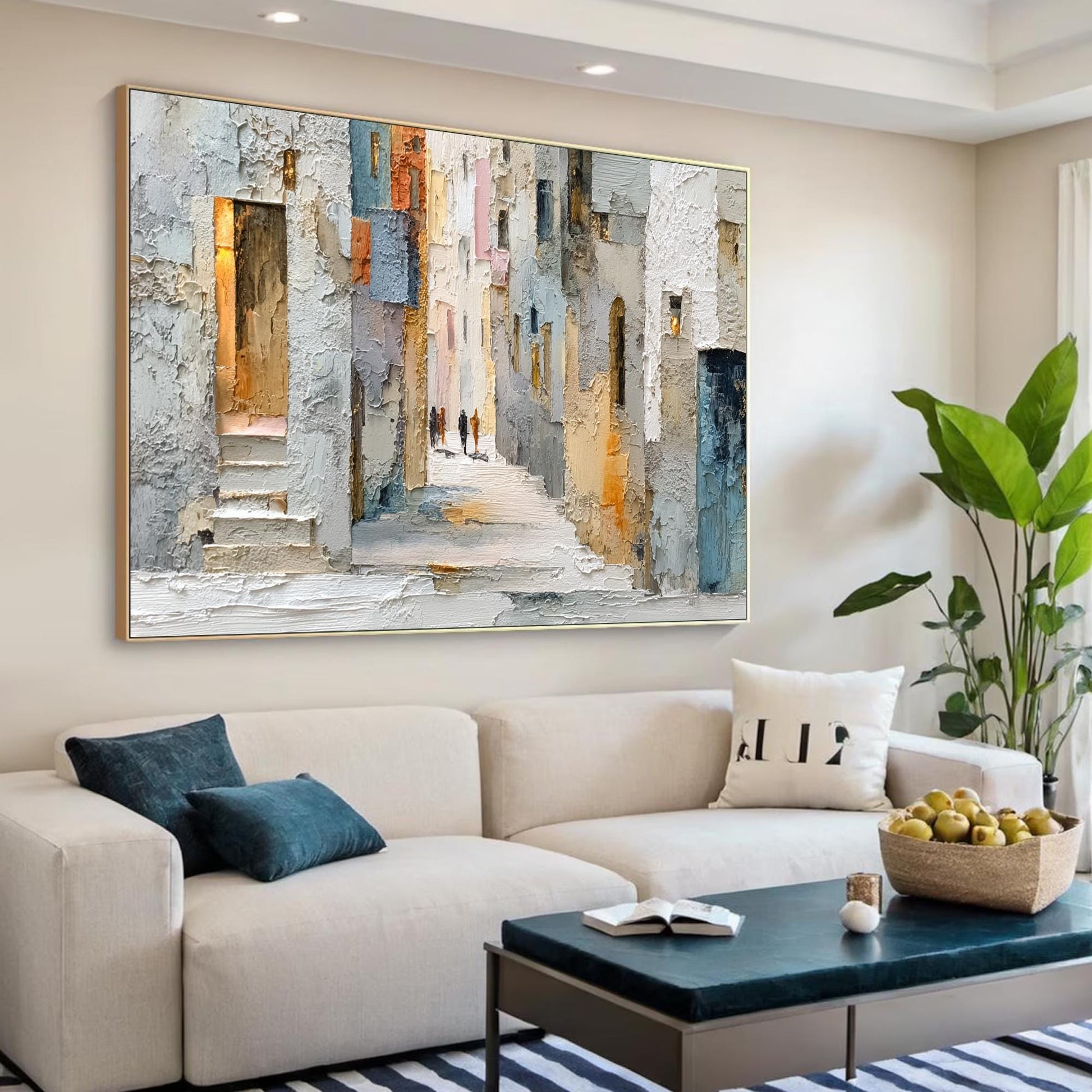 Textured Cityscape Painting, Beige Palette Knife Impasto Canvas, European Alleyway Art – Blue and Orange Cityscape City Archi