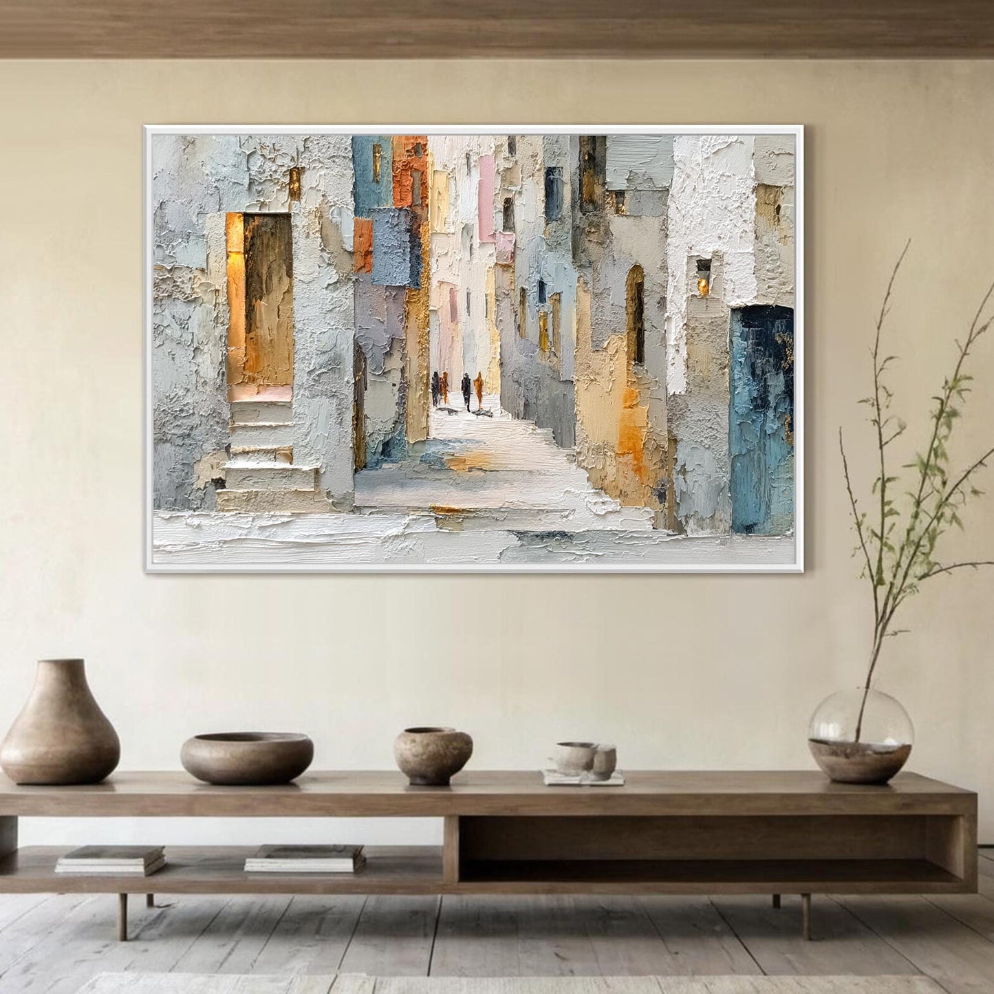Blue and Orange Abstract Impasto City Architecture Wall Art – Textured Cityscape Painting