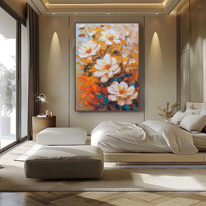 Textured White Flowers Oil Painting – Vibrant Orange Floral Wall Art