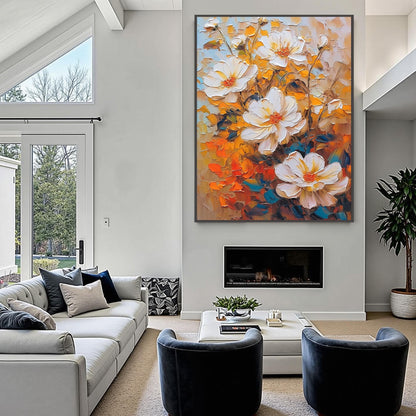 Textured Floral Oil Painting, White Flowers, Vibrant Orange Background, Canvas Art – Orange and White Floral Wall Art | Impas