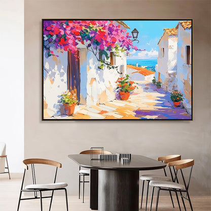 Blue and Gold Coastal Impasto Abstract Wall Art – Mediterranean Street