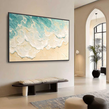 Textured Ocean Wave Oil Painting, Turquoise Beach Scene Canvas Art – Turquoise and White Ocean Wave Seascape Wall Art | Textu