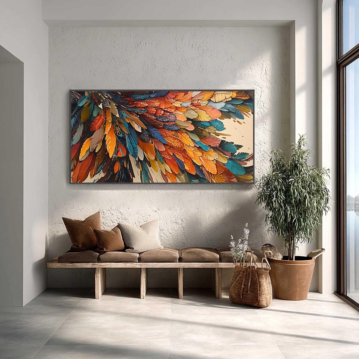 Colorful Abstract Feather Oil Painting – Animal Wall Art