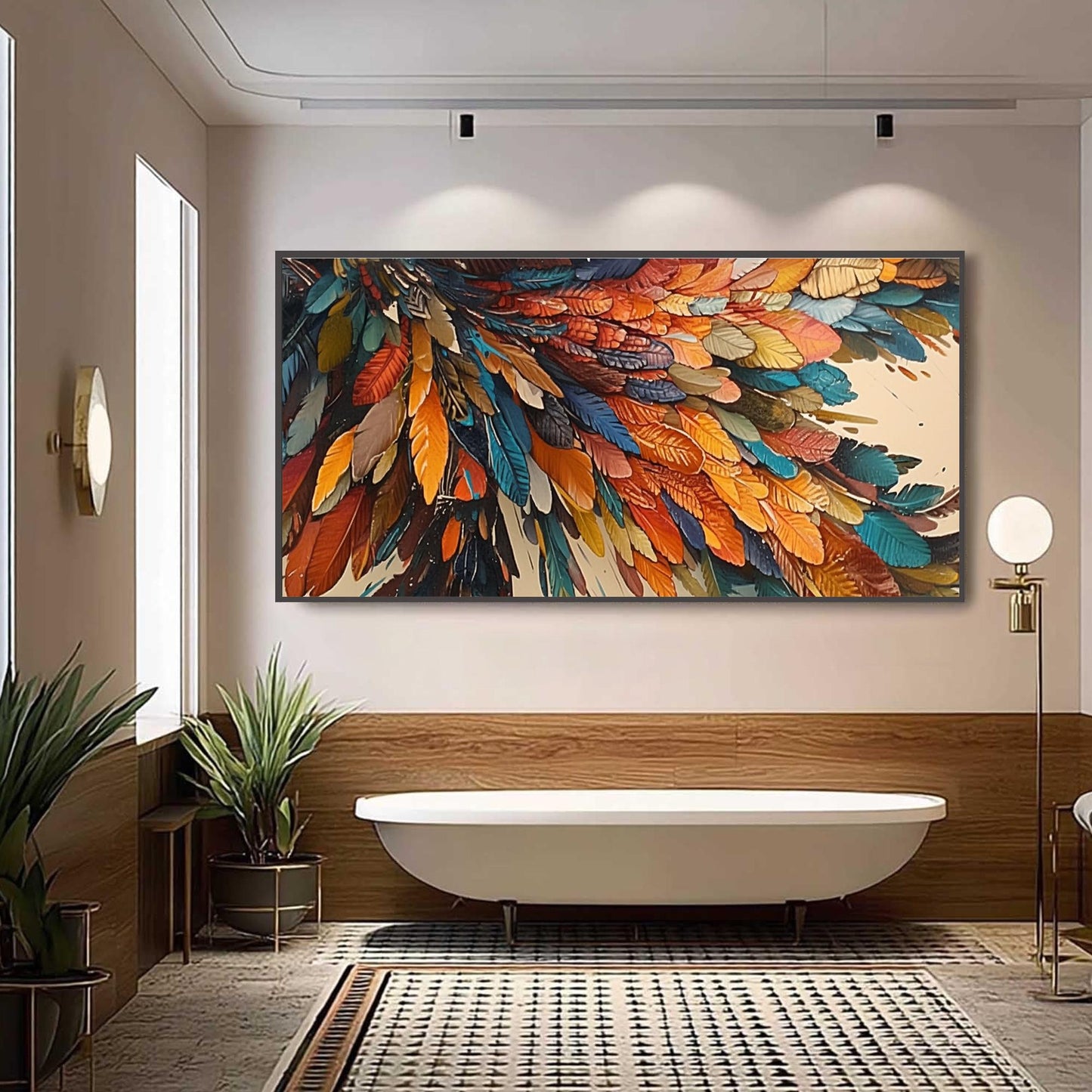 Abstract Feather Oil Painting, Vibrant Colors, Modern Wall Art – Colorful Bird Animal Wall Art | Abstract Textured Hand-Paint