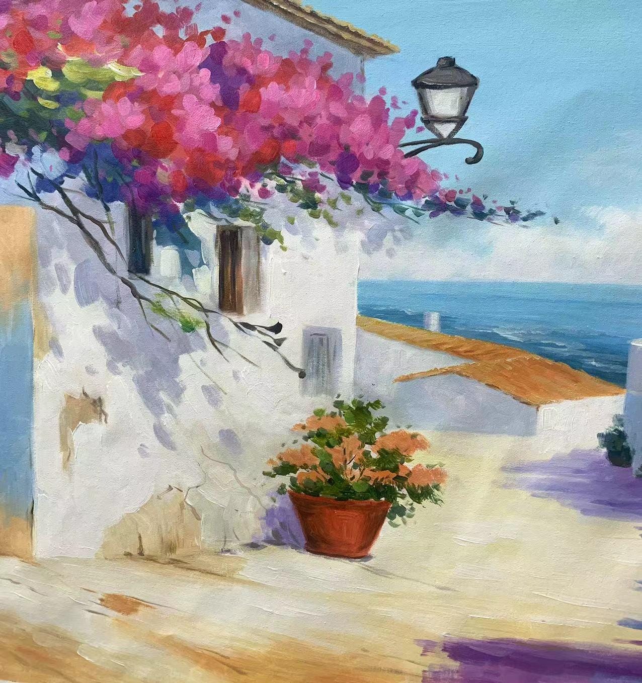 Blue and Gold Coastal Impasto Abstract Wall Art – Mediterranean Street