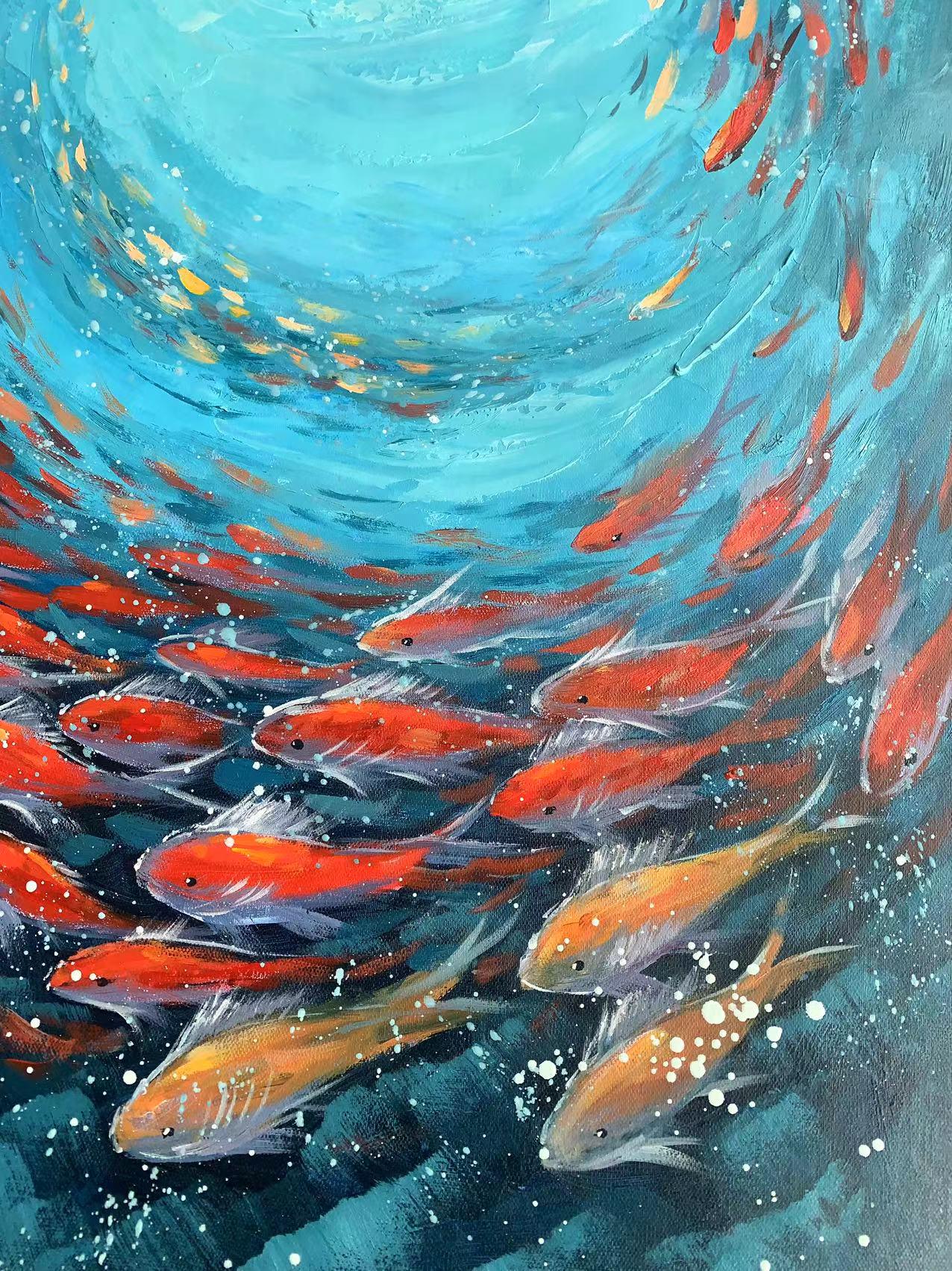 Turquoise and Green Abstract Textured Underwater Ocean Wall Art – Original School of Fish