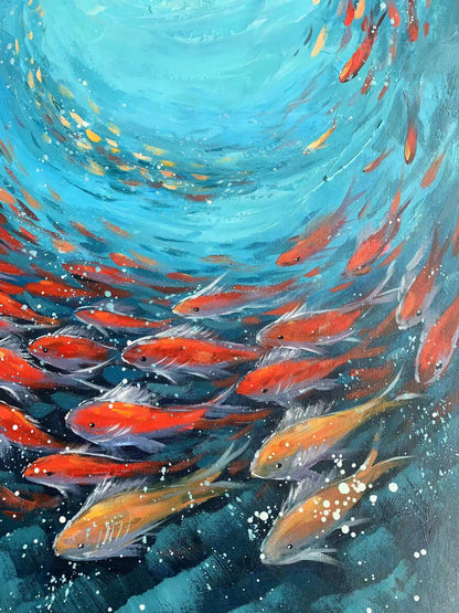 Turquoise and Green Abstract Textured Underwater Ocean Wall Art – Original School of Fish