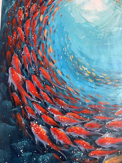 Turquoise and Green Abstract Textured Underwater Ocean Wall Art – Original School of Fish