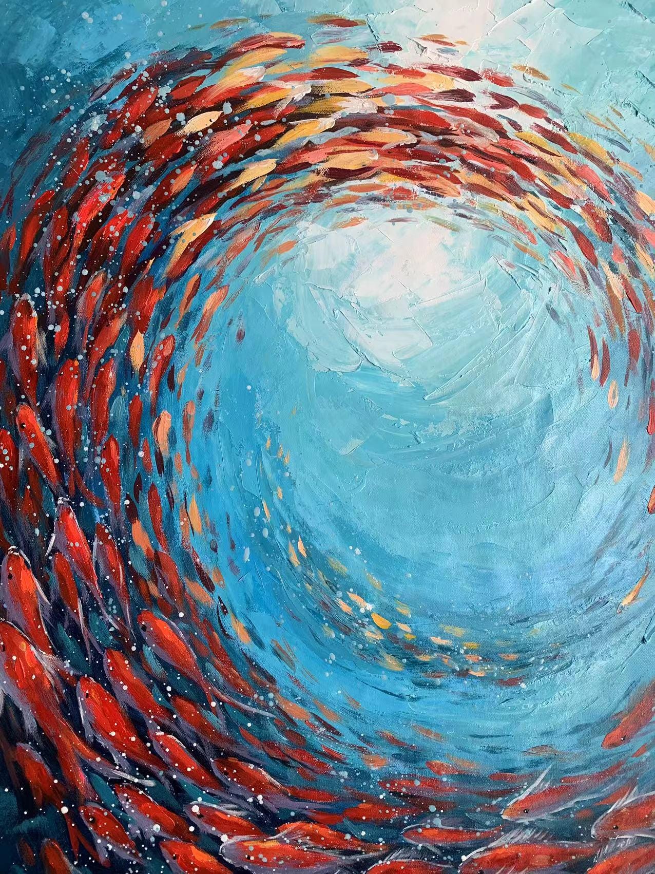 Turquoise and Green Abstract Textured Underwater Ocean Wall Art – Original School of Fish
